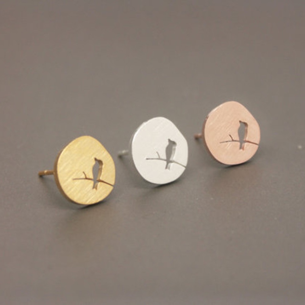 Silver Bird On Branch Round Stud Earrings - Picture 1 of 4